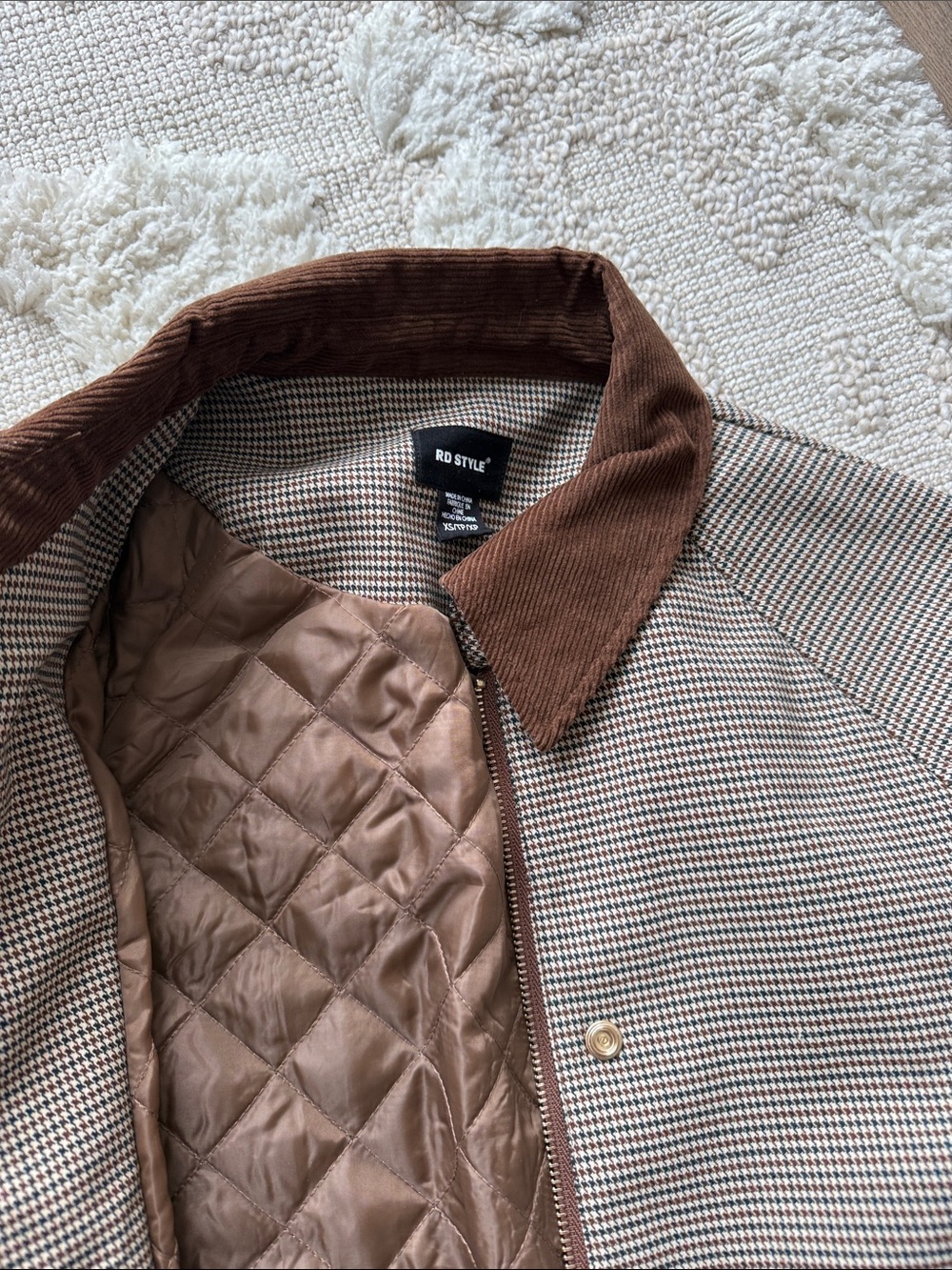 Brown Houndstooth Field Jacket with Corduroy Collar - Picture 3 of 3